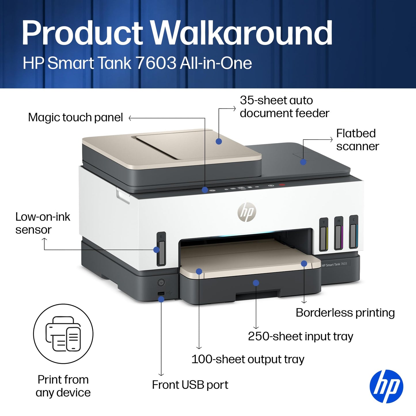 HP Smart Tank 7603 Wireless All-in-One Ink Tank Printer, Scanner, Copier with up to 3 Years of Ink Included, Best-for-Home Office, Cartridge-Free Refillable, AI-Capable (9B5D1A)