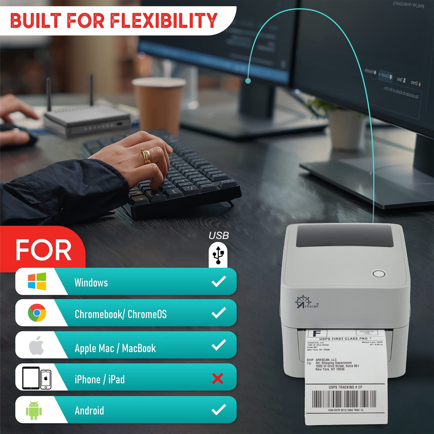 Arkscan 2054K-USB Upgraded 2054A Shipping Label Printer for Windows Mac Chromebook, Support Amazon Paypal Etsy Shopify ShipStation UPS USPS FedEx, fit Roll & Fanfold 4x6 Direct Thermal