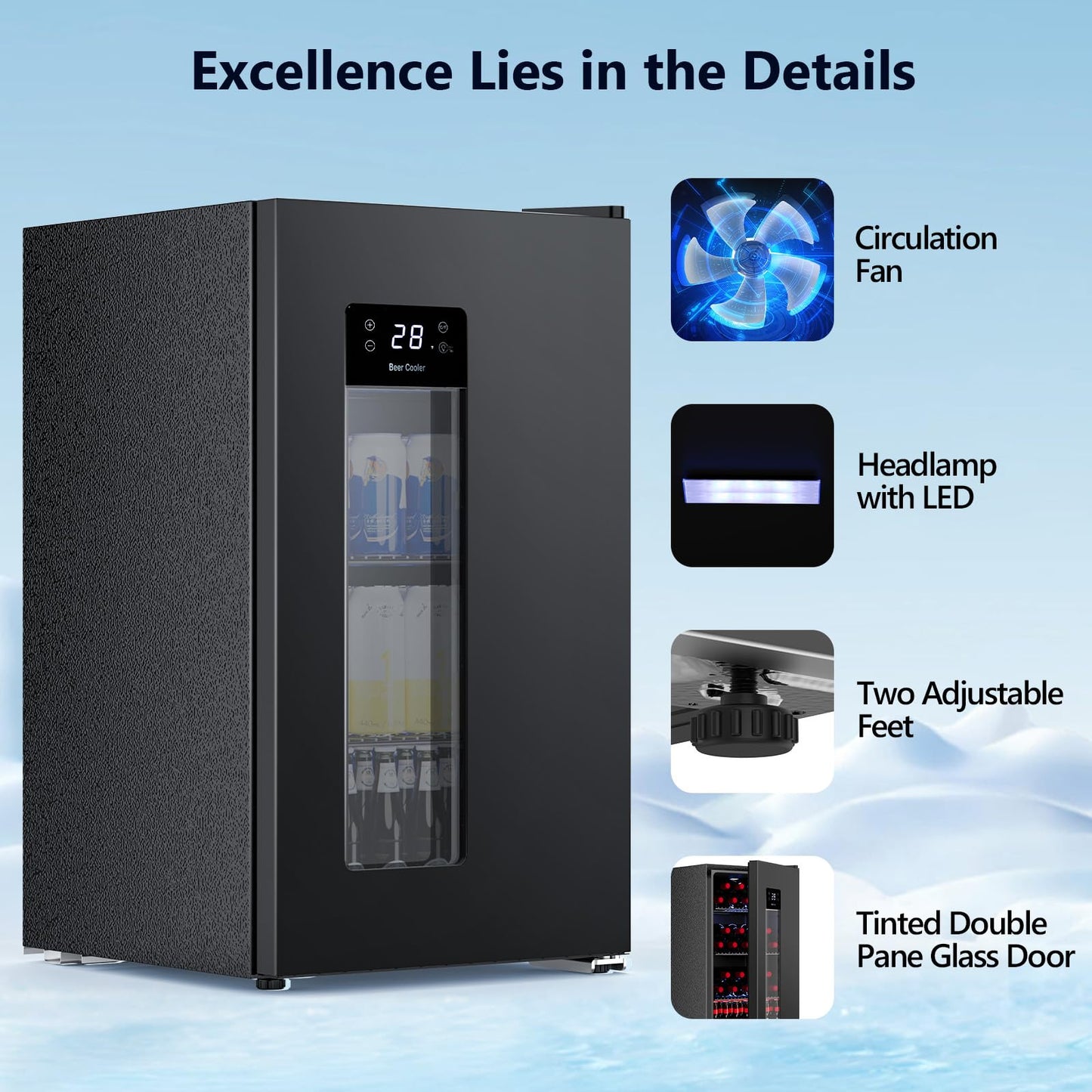 COWSAR 3.2 Cu. Ft. Beverage Refrigerator, 130-Can Beer Cooler with Digital Temperature Control (20°F–50°F), Glass Door, Adjustable Shelves, LED Lighting, for Home, Office & Bar, Black