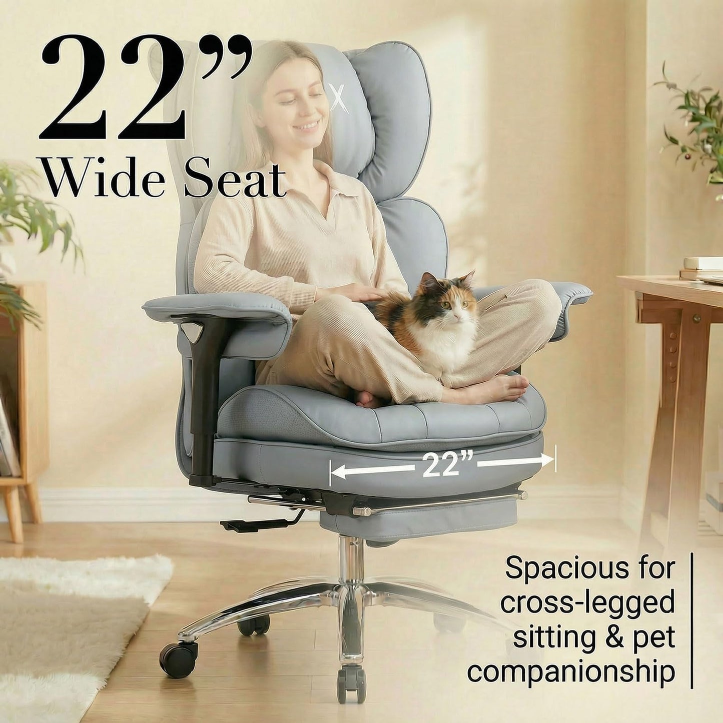 Efomao Big and Tall Desk Chair 400lbs, 22" Extra Wide Executive Office Chair with 3D Armrests & Footrest, Ergonomic Heavy Duty Chair, Light Grey