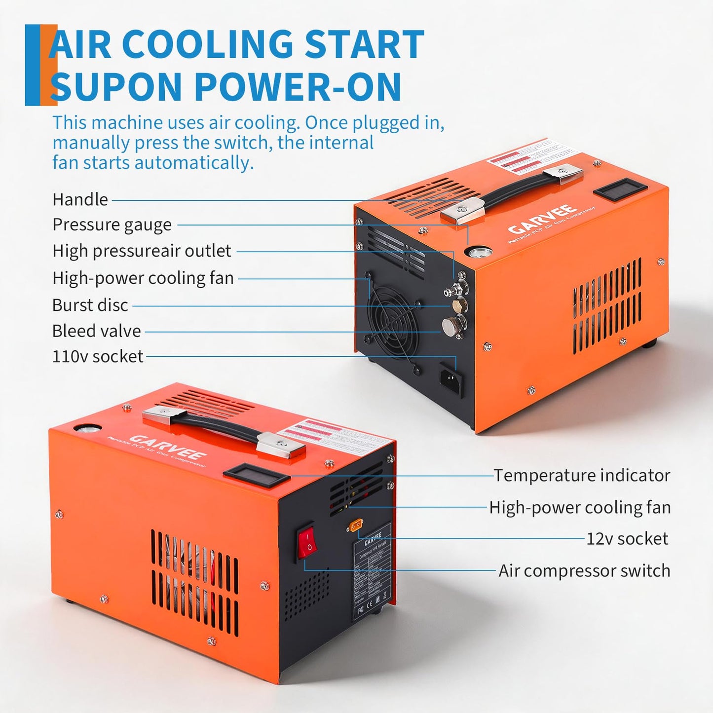 PCP Air Compressor, 4500PSI/30Mpa, 300W Oil-Free Fast Fill Pump with Built-in Manual-Stop, Dual Power 12V DC & 110V/220V AC, Portable Air Pump for Airguns, Air Rifle, Paintball, HPA Tanks(Compact)