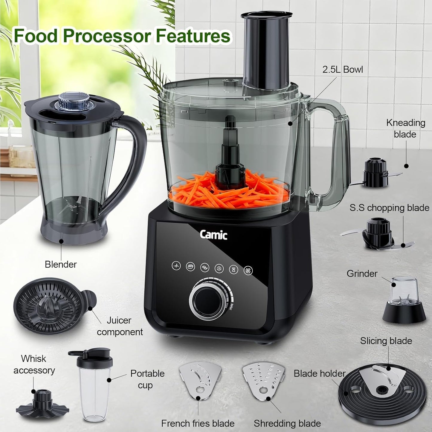 Camic Food Processor and Blender for Home Use, 600W, Blending, Grinding, Shredding, Slicing, Doughing, Meat and Vegetable Chopping, Ice Crushing, 6 Presets, Easy to Operate and Clean (Upgrade Version)