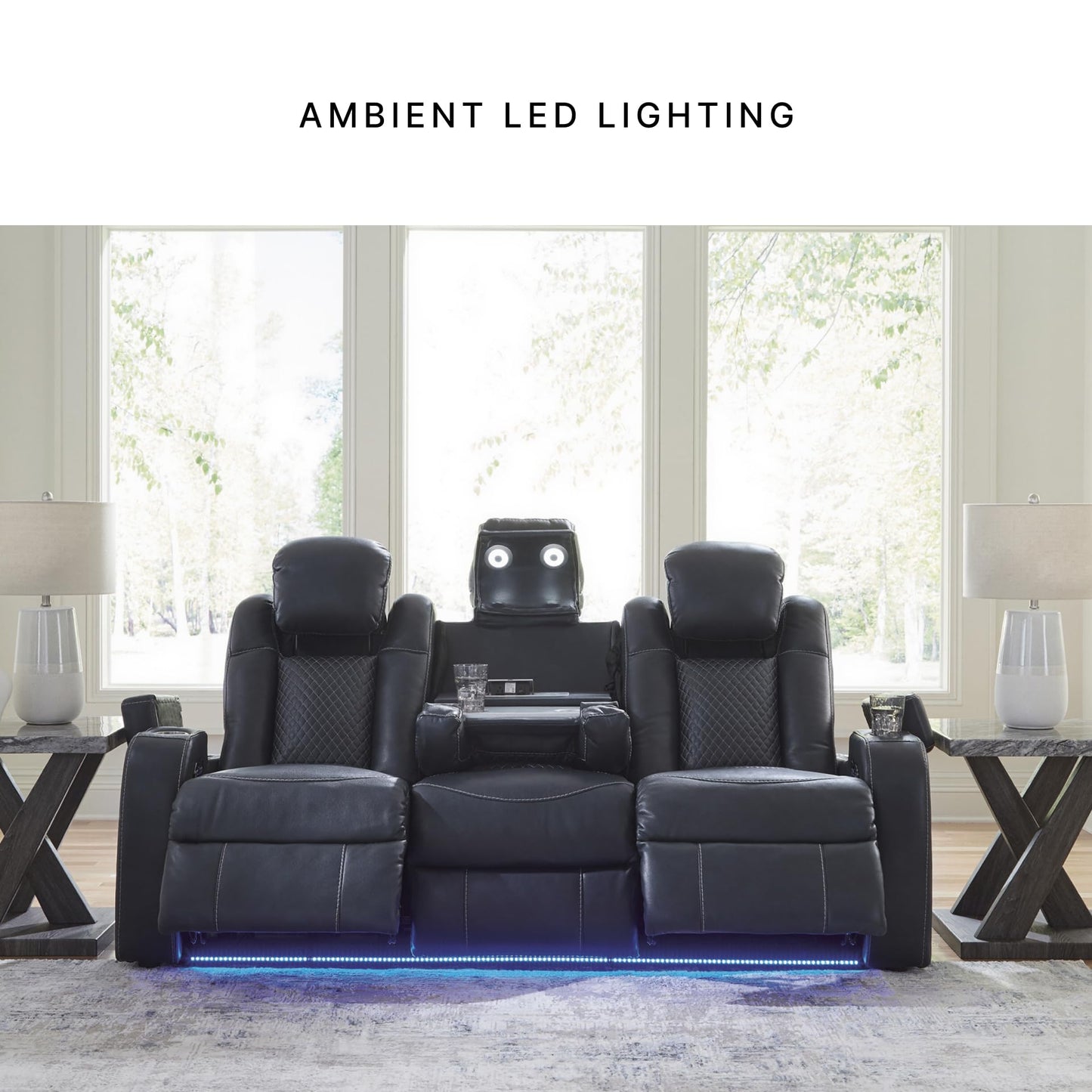 Signature Design by Ashley Fyne-Dyme Power Reclining Sofa with USB Ports and Adjustable Headrest, Drop Down Table, Faux Leather, 21" Seat Height, Blue