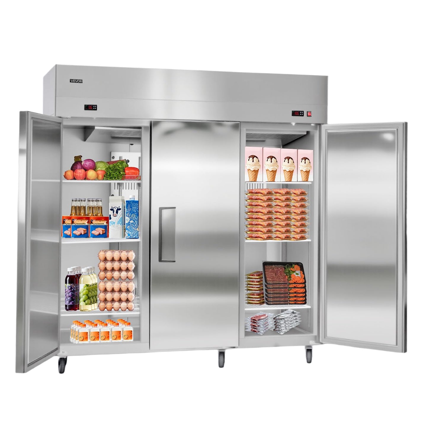 VEVOR Commercial Refrigerator and Freezer Combo 72"W, 51 Cu.Ft Stainless Steel Upright Freezer/Refrigerator with Three Doors, Auto-Defrost, 9 Adjustable Shelves, UL Certified