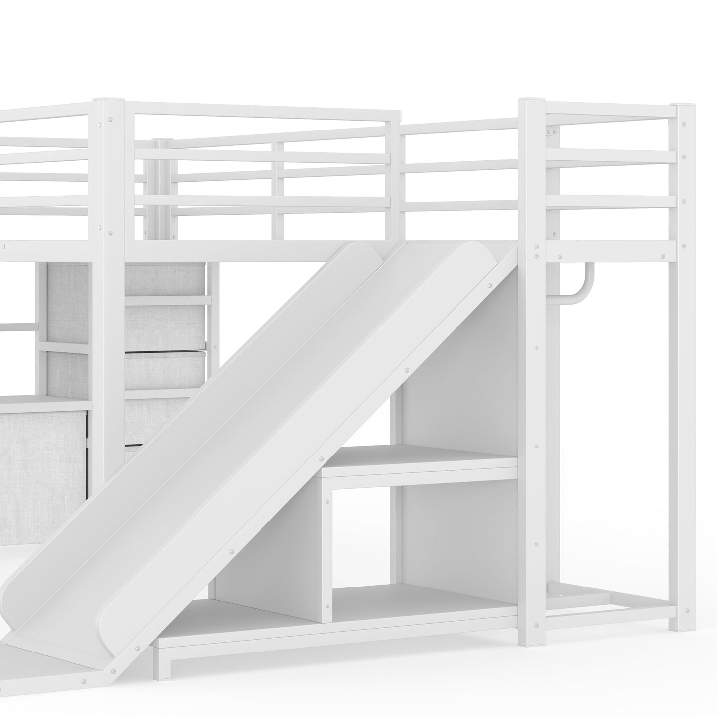 Bellemave Twin Low Loft Bed with Slide and LED, Metal Kids loft Bed with Storage Drawers and Hanging Area, 2 Assembly Methods, White