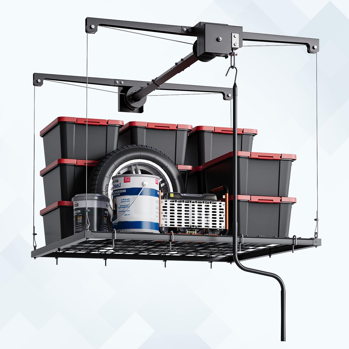 Adjustable 4x4 ft Overhead Garage Storage Rack Lift System,Heavy Duty Ceiling Mount Rack with 250 Lb Capacity & Automatic Safety Lock, Space-Saving Hanging Organizer for Attic,Basement,Garage or Shed