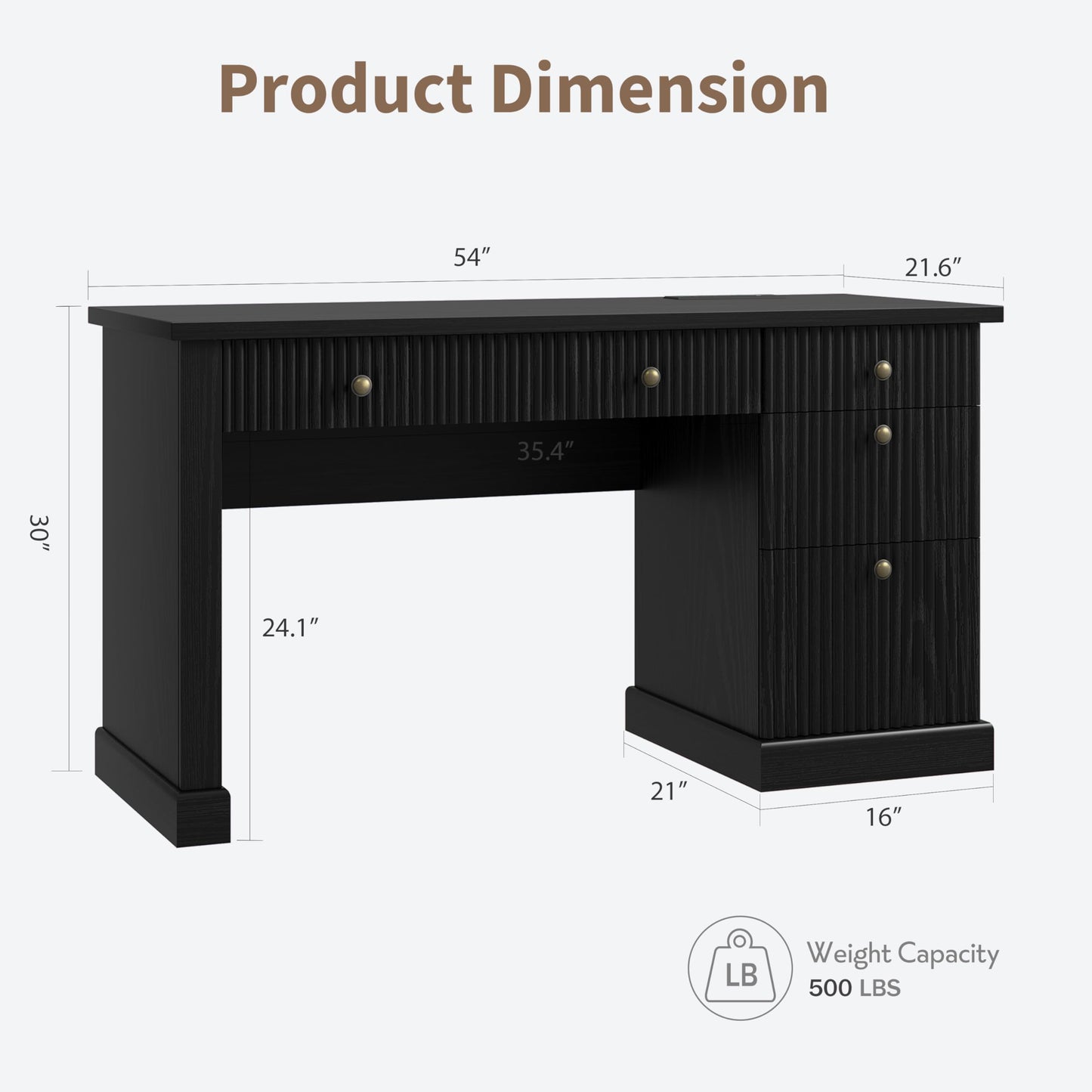 GAOMON 54'' Fluted Home Office Desk with Storage, Modern Executive Desk with Charging Station, Wooden Computer Desk with Drawers for Storage File, Writing Desk for Bedroom (Rustic Black)