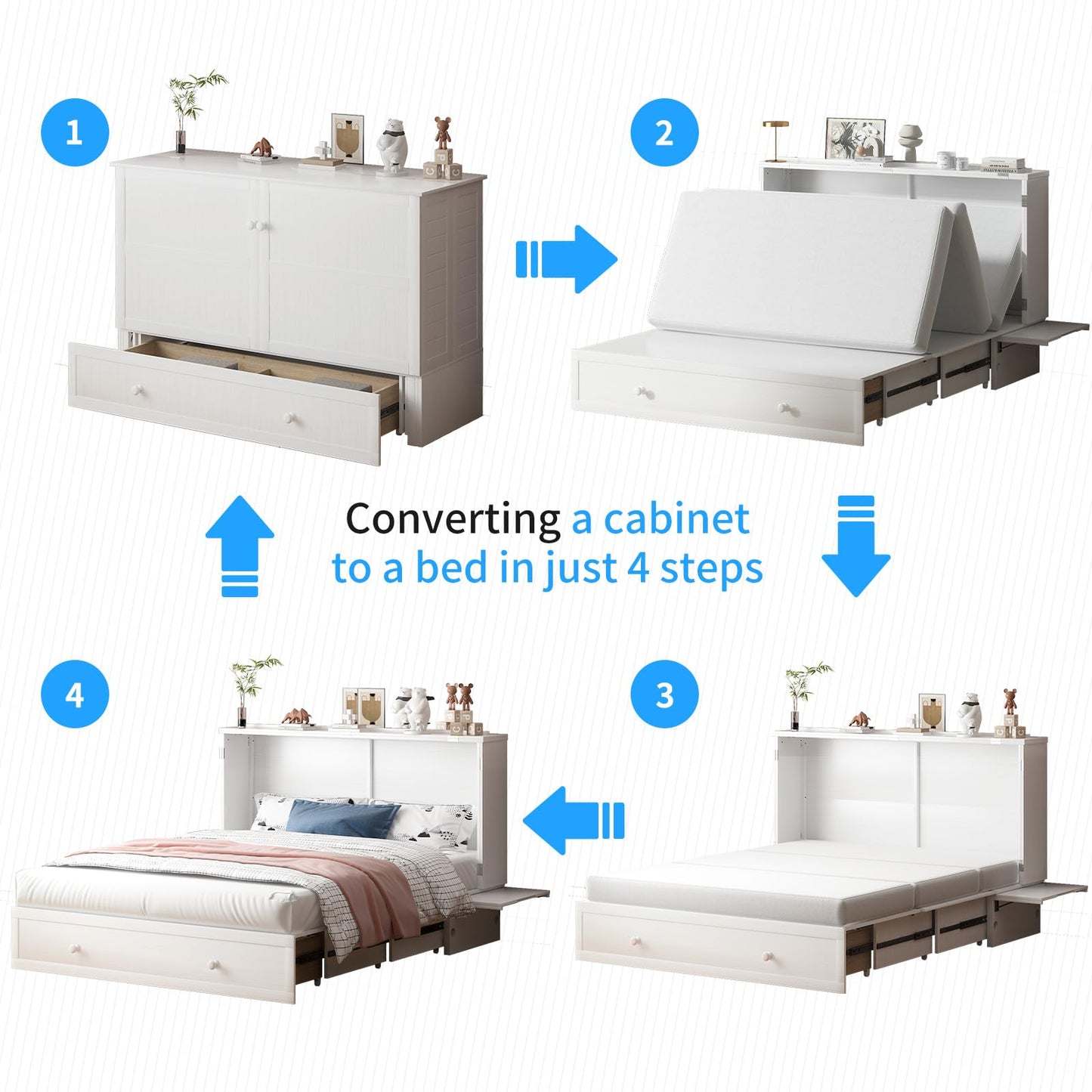 PUREMIND Queen Murphy Bed Cabinet, Murphy Bed with Mattress Included, Storage Drawer and Bedside Panel, Built-in Charging Station, Solid Wood Space-Saving Wallbed Hideaway Beds for Guest Room