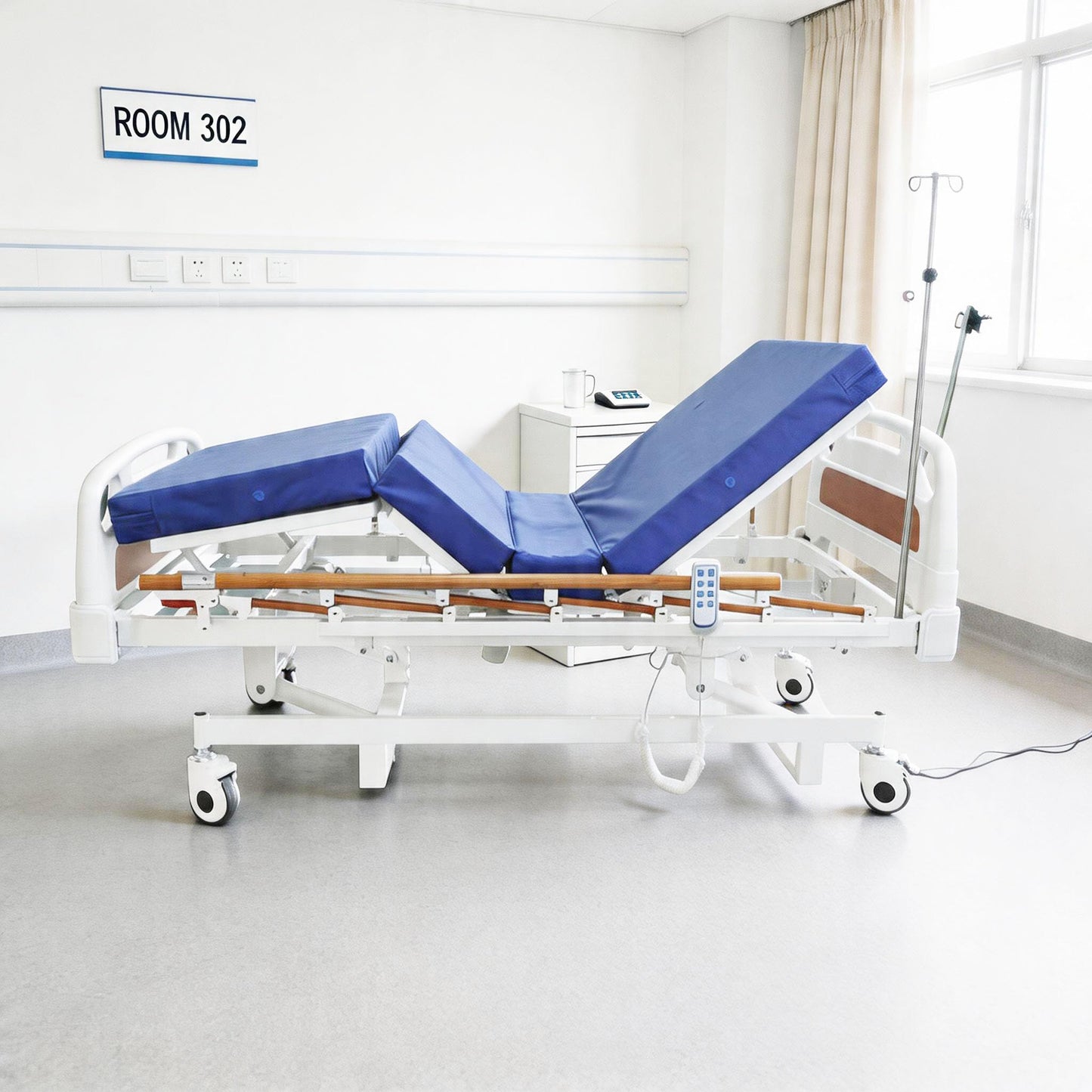 SierraSquad Electric Home Care Bed, 3-Function Adjustable Hospital Bed with Handheld Controller, 4" Foam Mattress, 5" Locking Casters, 400 Lbs Capacity for Home Hospital Clinic