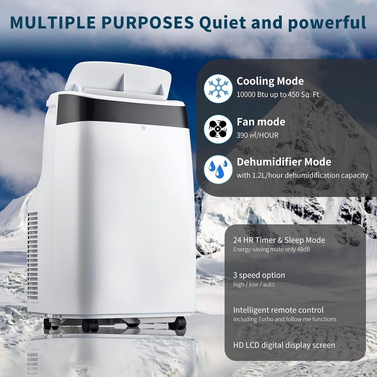 10000 BTU Portable Air Conditioners, Remote Control, 4-in-1 Quiet AC Unit, 3 Speeds, 24H Timer, Cools Room up to 450 Sq.Ft, Multi-Function Modes, Smart Control Panel