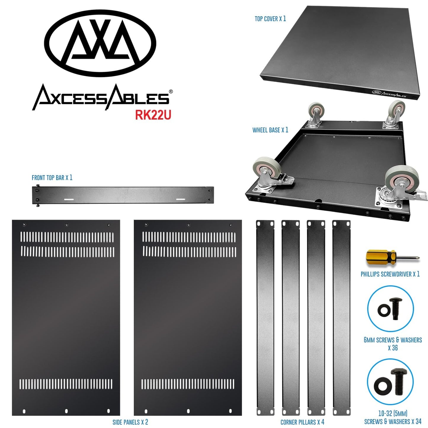 AxcessAbles 22U 19-Inch Rolling IT Server Rack 550LB Heavy Duty Open Frame with Removable Side Panels Large 3-Inch Locking Casters for Servers Networking and Rackmount Gear Includes 5mm and 6mm Screws