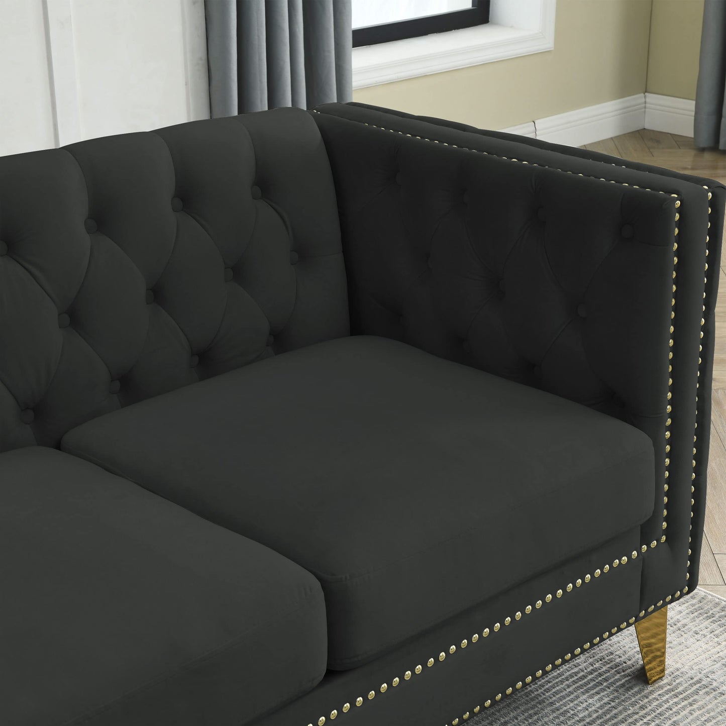 KEIKI Tufted Velvet 3+2 Seat Sofa Couch for Living Room, Buttons Tufted Square Arm Couch for Home Apartment, Black