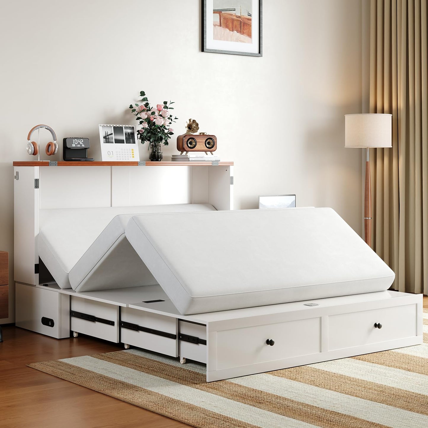 Mjkone Queen Size Murphy Bed, Storage Drawers, Hidden Folding Cabinet Bed with USB Charging Station, Space Saving Wall Chest Beds for Bedroom Living Room, White（No Mattress）