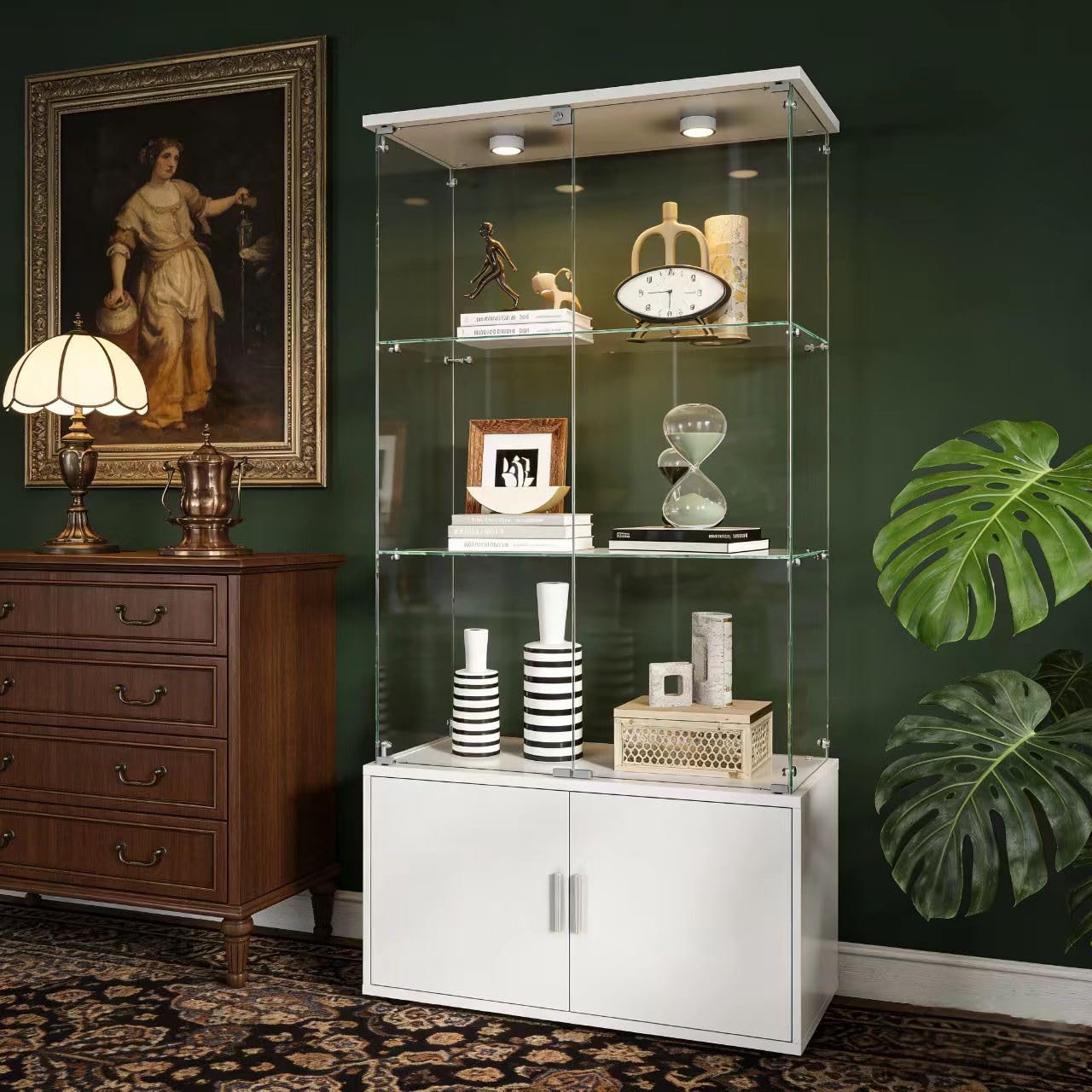 KEIKI Tempered Glass Display Cabinet, 4-Tier Tall Storage Case with Lockable Doors & Light, Modern Wall Curio Shelf Cabinet, Wine Rack for Bar Liquor Collectibles, Adjustable Feet, White