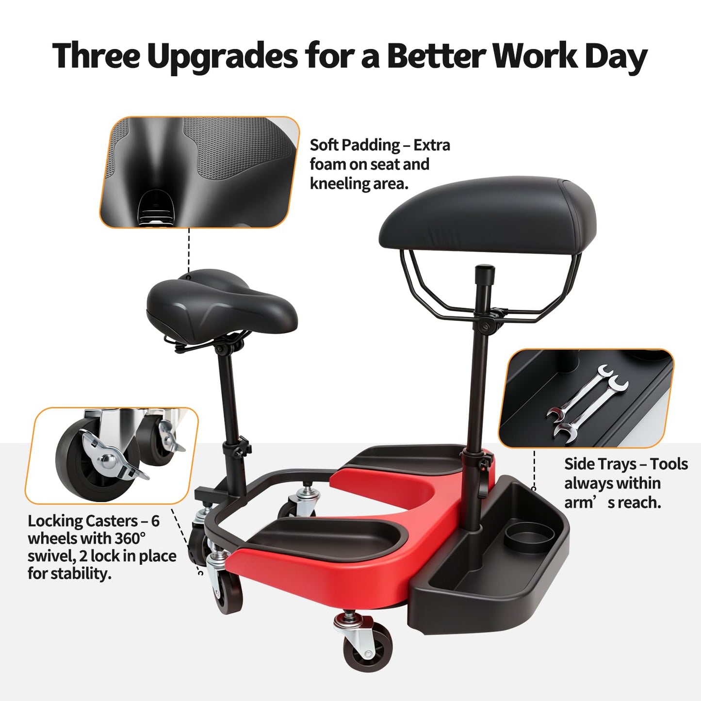 Heavy-Duty Kneeling/Sitting Creeper with Adjustable Seat & Tool Tray – 300lb Capacity Rolling Knee Work Seat for Auto Repair, Flooring, Landscaping & DIY – Padded Knee Support & Smooth Casters