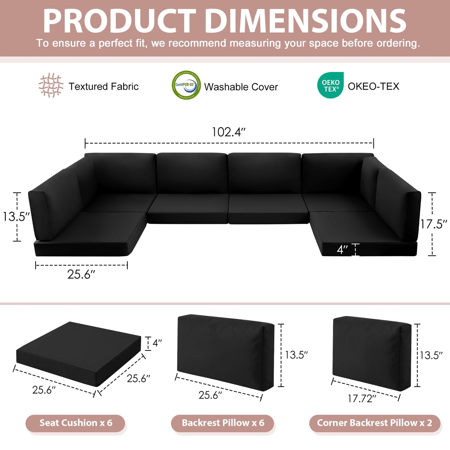 MuaMelop 14-Piece Patio Furniture Cushions Set, Replacement Outdoor Cushions for 6-Seat Patio Sectional, Waterproof & Fade Resistant Deep Seat Cushion for Outdoor Sofa, Black