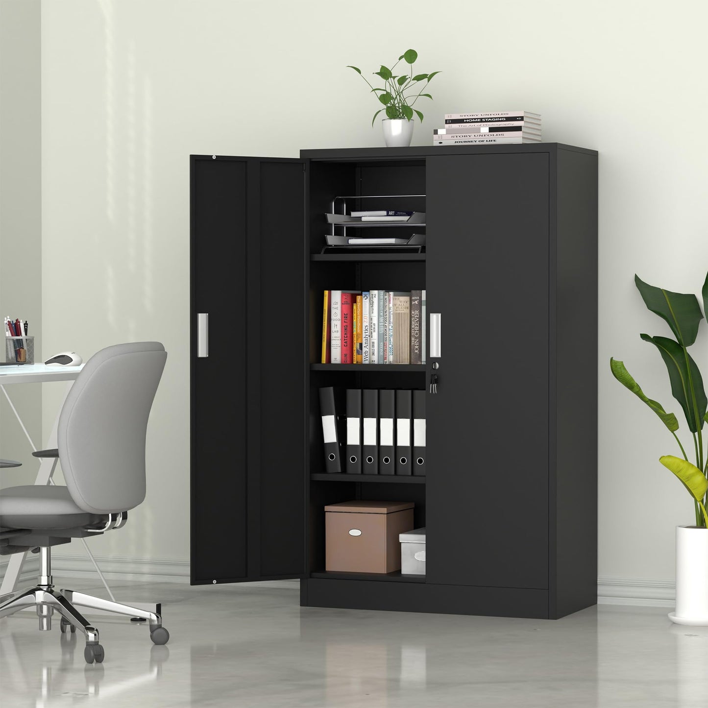 iJINGUR Metal Storage Cabinet with Locking Doors and Adjustable Shelves, 53.5-Inch Tall Lockable Storage Cabinets for Home Office Garage Kitchen Pantry (Black)