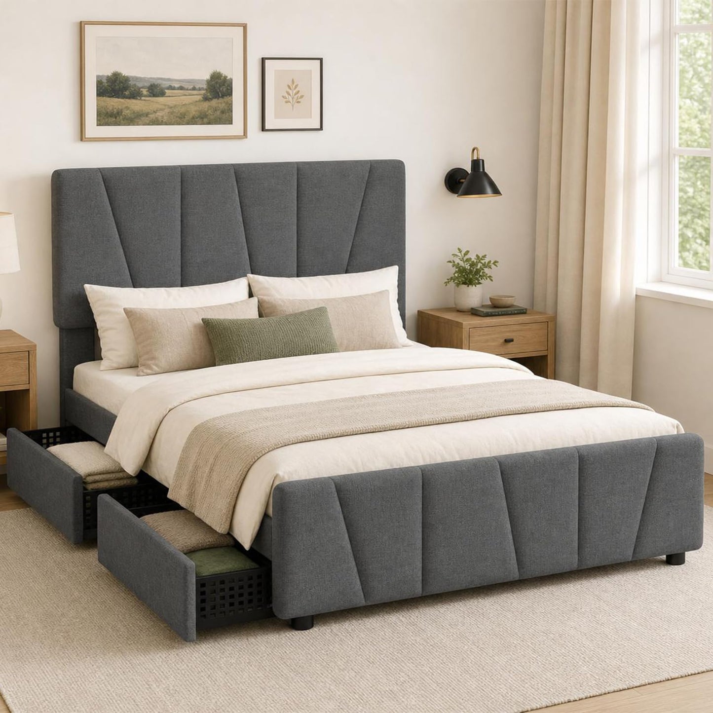 King Size Bed Frame with Upholstered Headboard & 4 Storage Drawers with Wheels, Platform Bed Frame with Wooden Slat Support, Adjustable Headboard, No Box Spring Needed, Noise-Free, for Bedroom