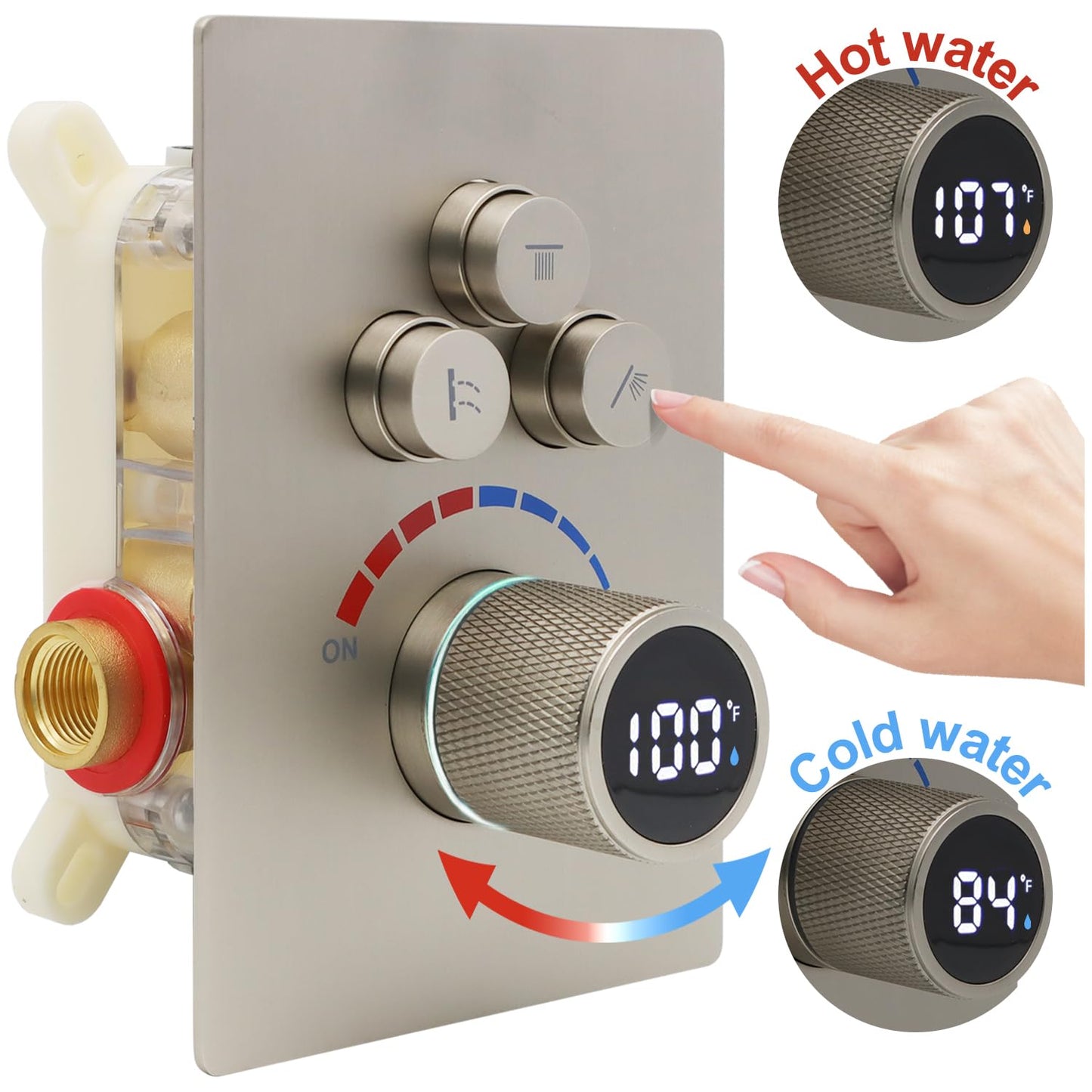 Shower System 12 Inches & 6 Inches Rainfall Shower Head System for Bathroom 3 Function Shower System Set Shower Faucet Concealed Installation Valve（Brushed Nickel）