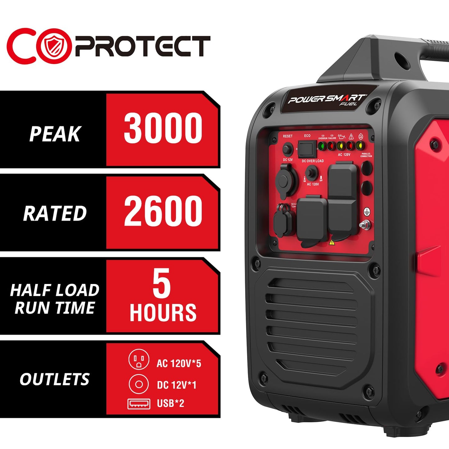 PowerSmart 3000W Portable Inverter Generator, Gas Powered with CO Alarm, Parallel Ready, 121.6cc 4-Stroke OHV Engine, Super Quiet for RV Camping and Home Emergency Backup