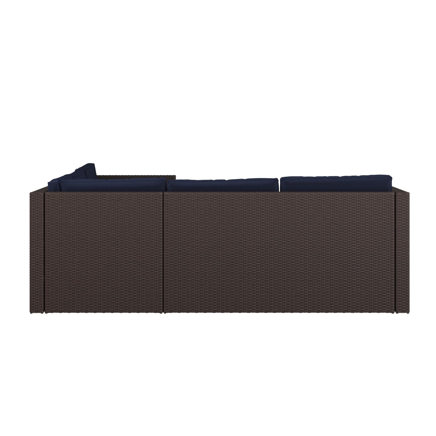 Flash Furniture Roan Patio Seating Set, Wicker PE Rattan Frame, L-Shaped Sectional with Side Lift Coffee Table Storage, Back and Seat Cushions, Brown/Navy
