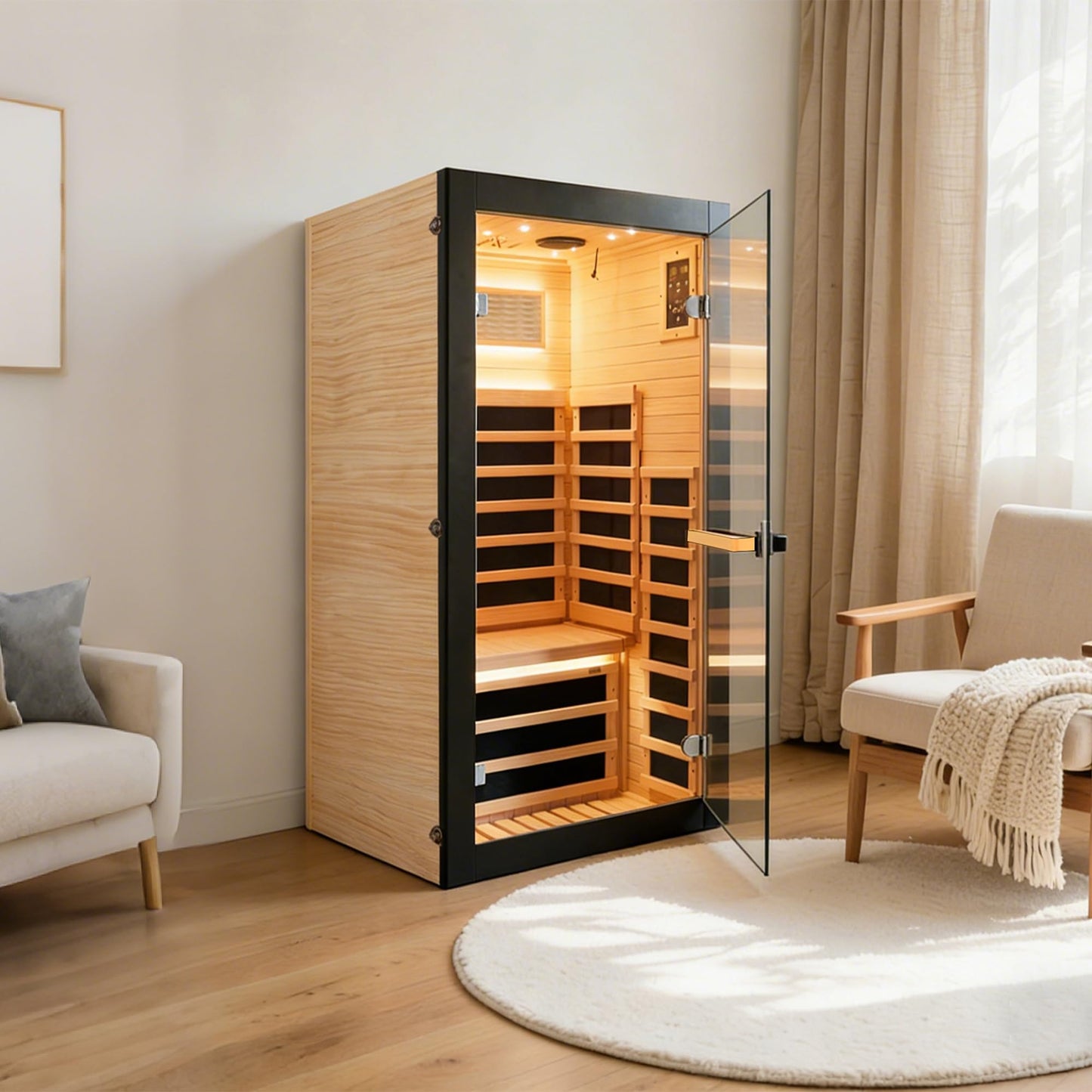 YJSPSSW Single-Person Sauna Cabin – Compact Infrared Sauna with 8 Heating Plates, Starry Sky Lighting & Colorful Light Strips – Chilean Pine Wood Design (780x780x1580mm)