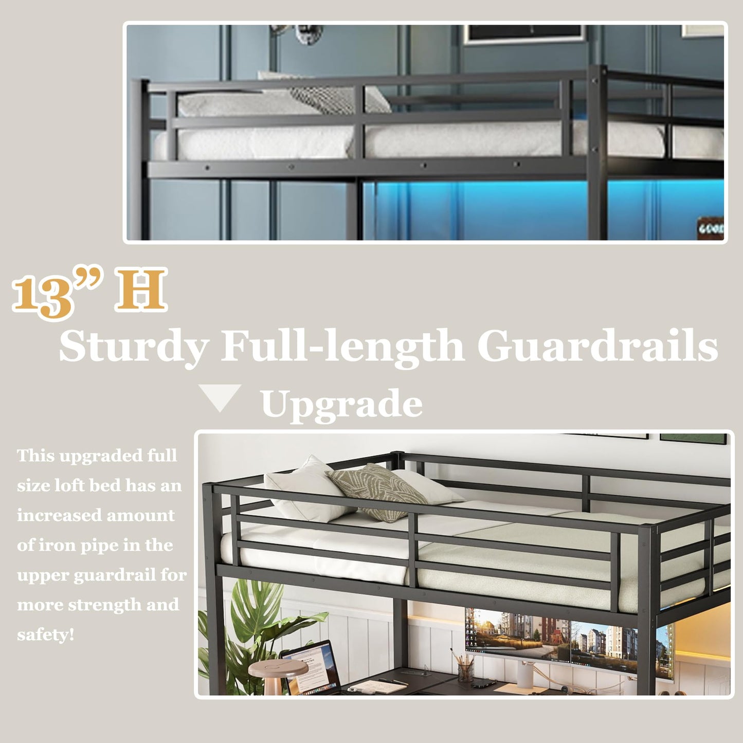 Bellemave Full Size Metal Loft Bed with L Shaped Desk and Wardrobe, Heavy Duty Loft Bed Frame with Storage Stairs, LED Loft Bed Frame with Charging Station & Safety Guardrails, Black