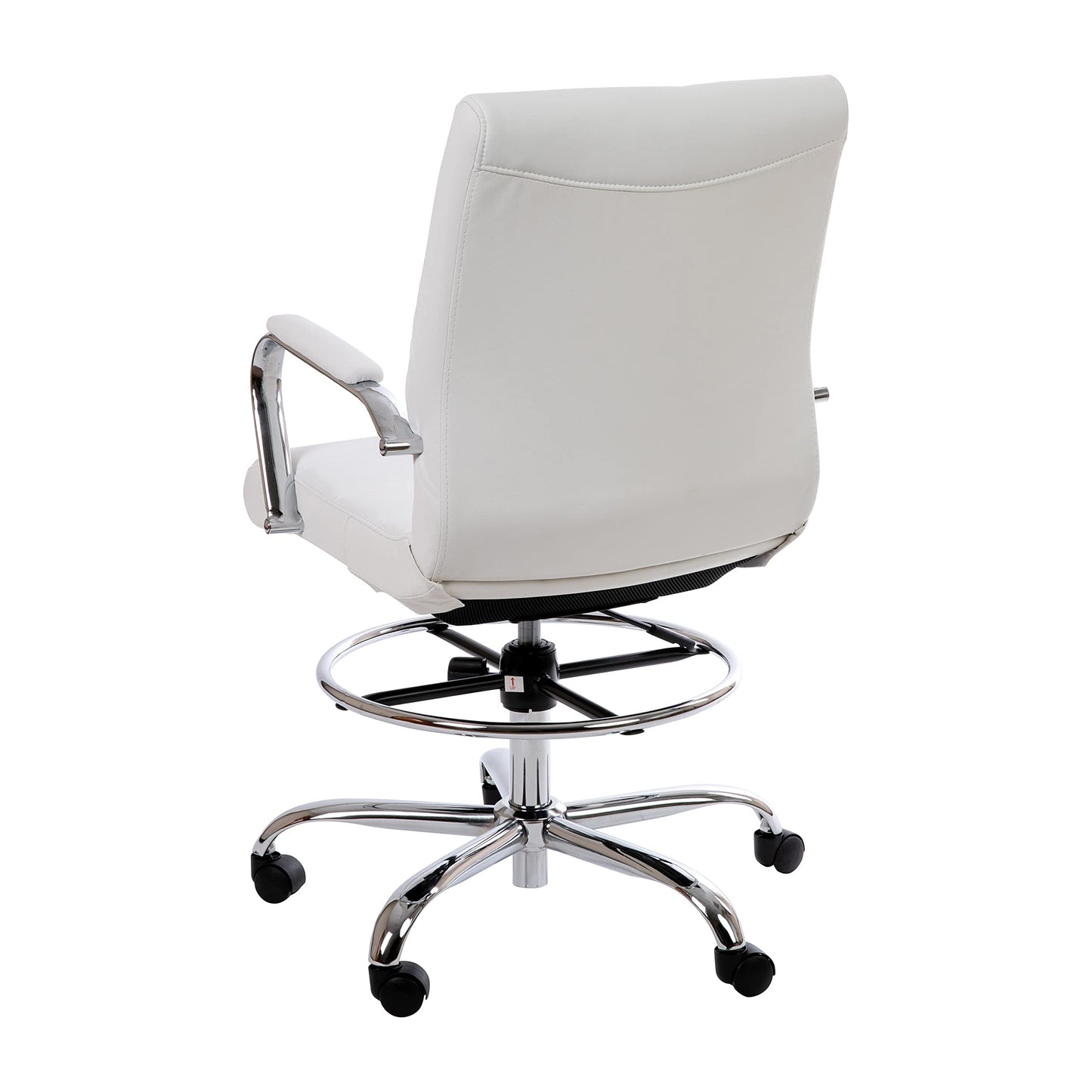 Flash Furniture Whitney Mid-Back Swivel LeatherSoft Drafting Chair with Padded Seat, Armrests, and Foot Ring, Adjustable Office Chair, White/Chrome