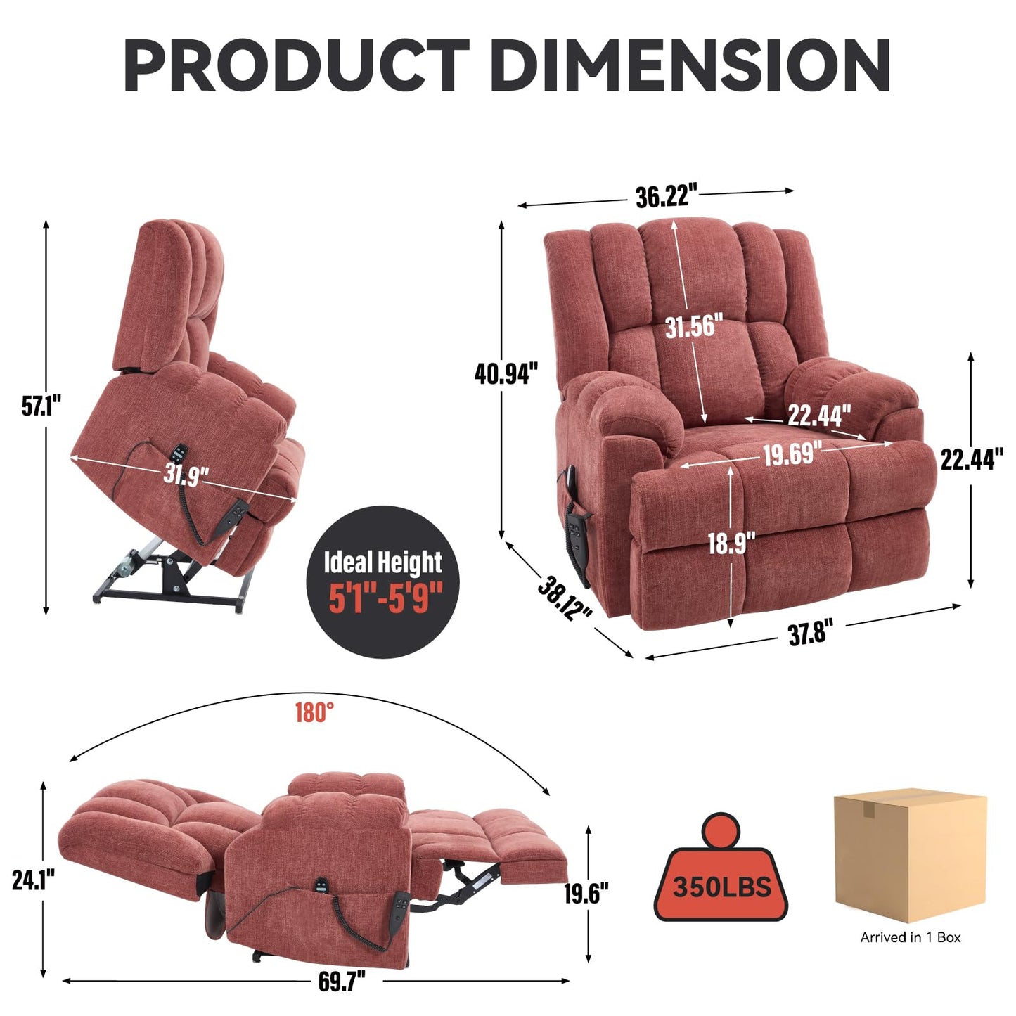 KEIKI Oversized Dual Motor Power Lift Recliner Chair for Elderly, Chenille Upholstery Breathable Rocking Chair with Back Massager and Heated, Home Theater Relaxation and Movie Nights, Red