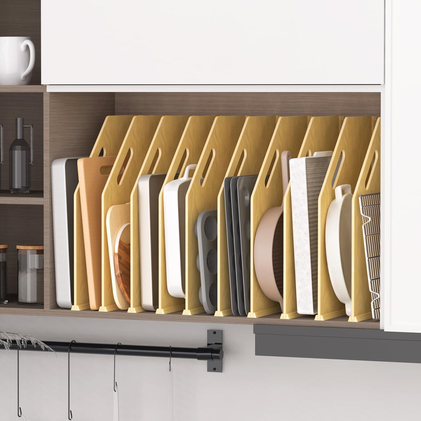 sandpaint 10 Pack Wood Tray Dividers for Cabinet, Cookie Sheet Organizer for Cabinets, No-Cut Kitchen Cabinet Dividers, Cookie Trays for Kitchen, Utility Rooms, Pantry Storage