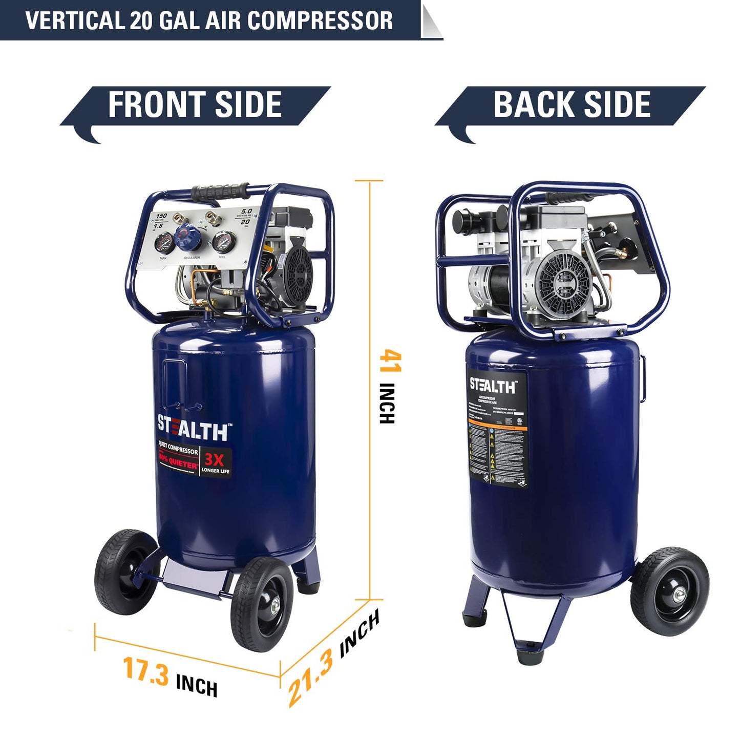 STEALTH 20 Gallon Air Compressor, Ultra Quiet, Oil-Free and Long Life Cycle,1.8 Hp Large Air Compressor with Rubber Wheels (Blue, SAQ-12018)