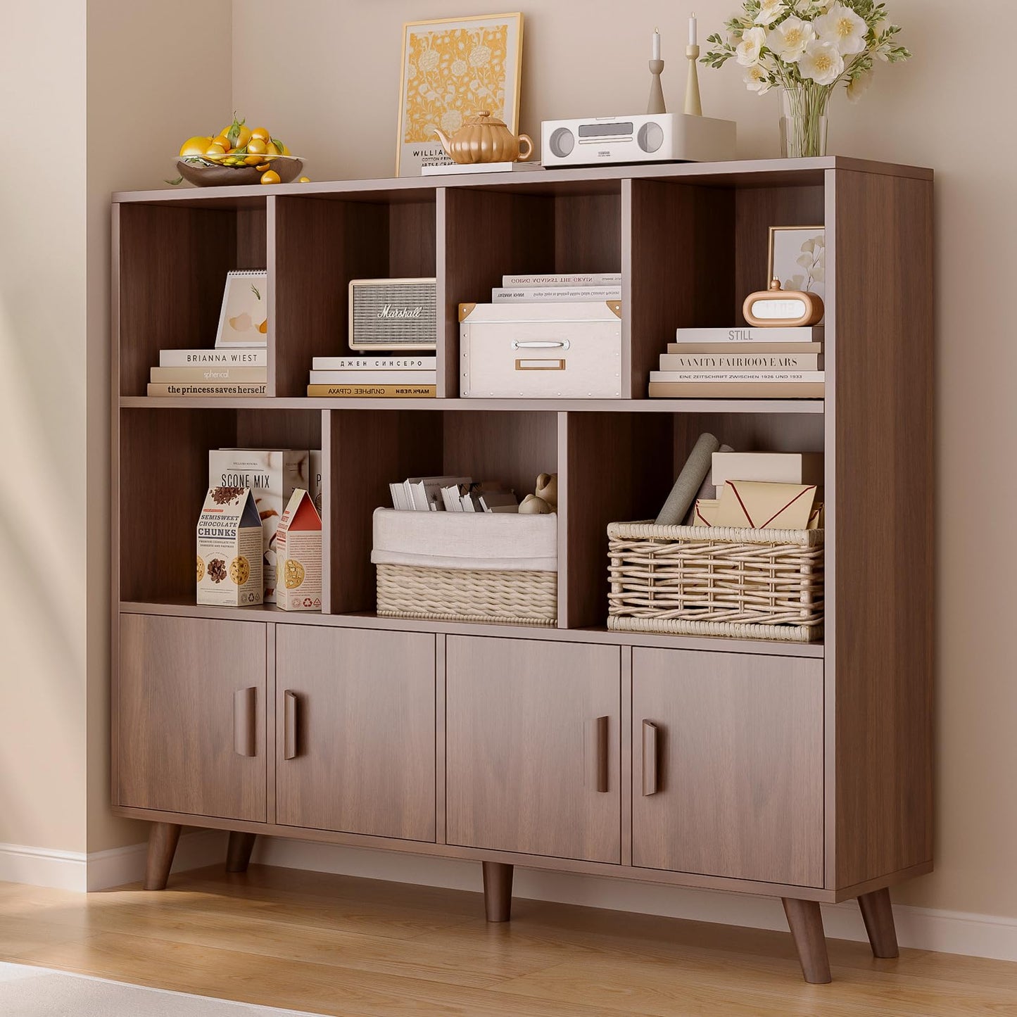 OSCHF Cubby Shelf Bookcase with Doors - Wooden 11 Cube Floor Standing Open Bookshelf with Solid Wood Legs, 3-Tier Storage Cabinet, Walnut