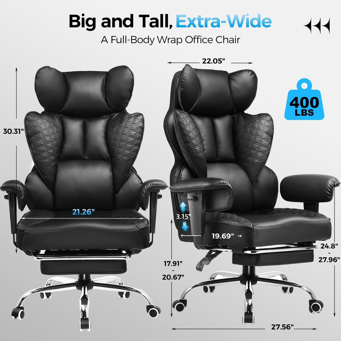 COMHOMA Big and Tall Office Chair Heavy Duty Wide Ergonomic Gaming Chair with Deluxe Embossing Designed Leather with Foot Rest,150°Reclining Adjustable Armrests Pocket Spring Back Support and Pillow