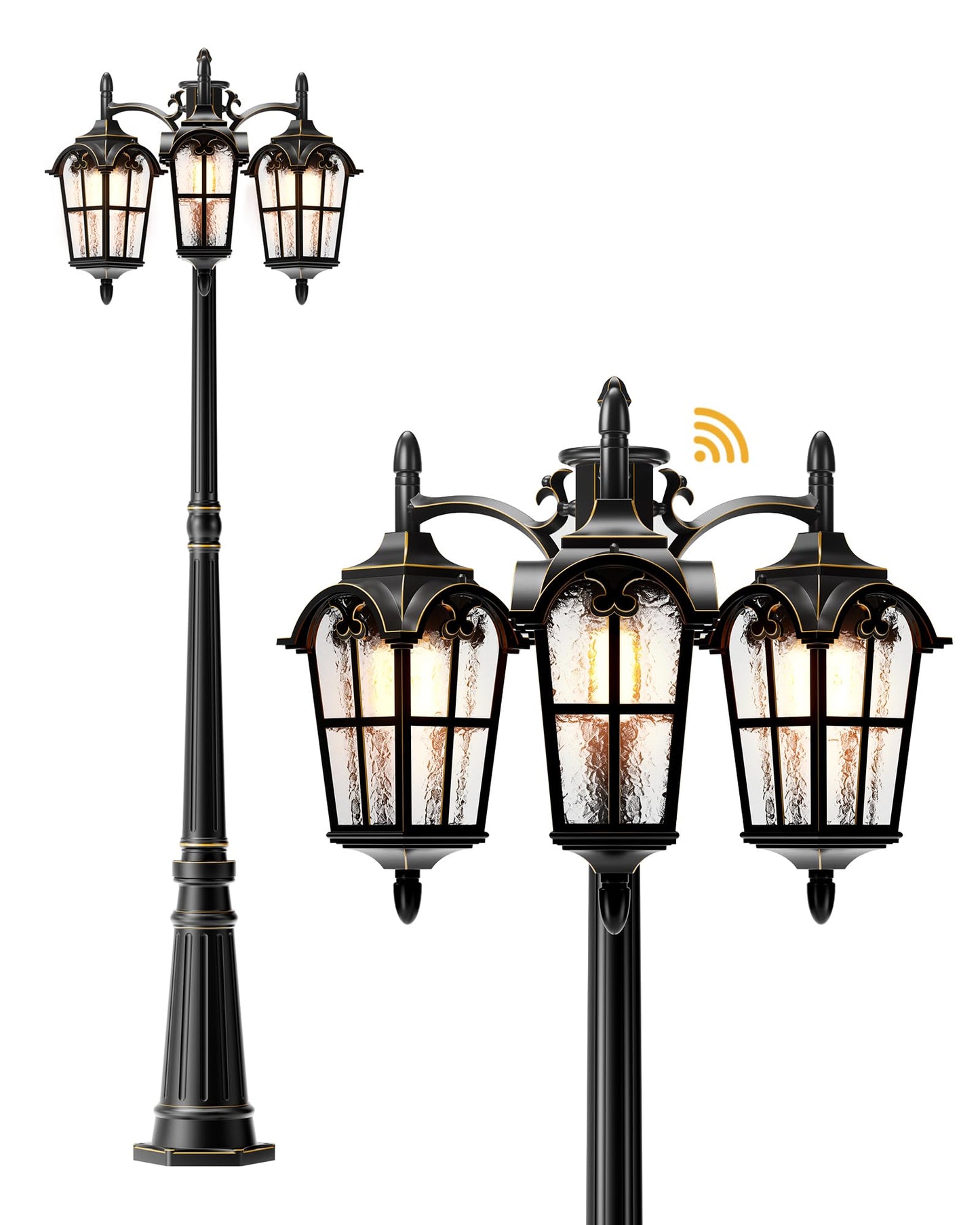 EDISHINE 3-Head Outdoor Lamp Post Light, Aluminum, Extra Large, Black and Gold, Model HOPL05A
