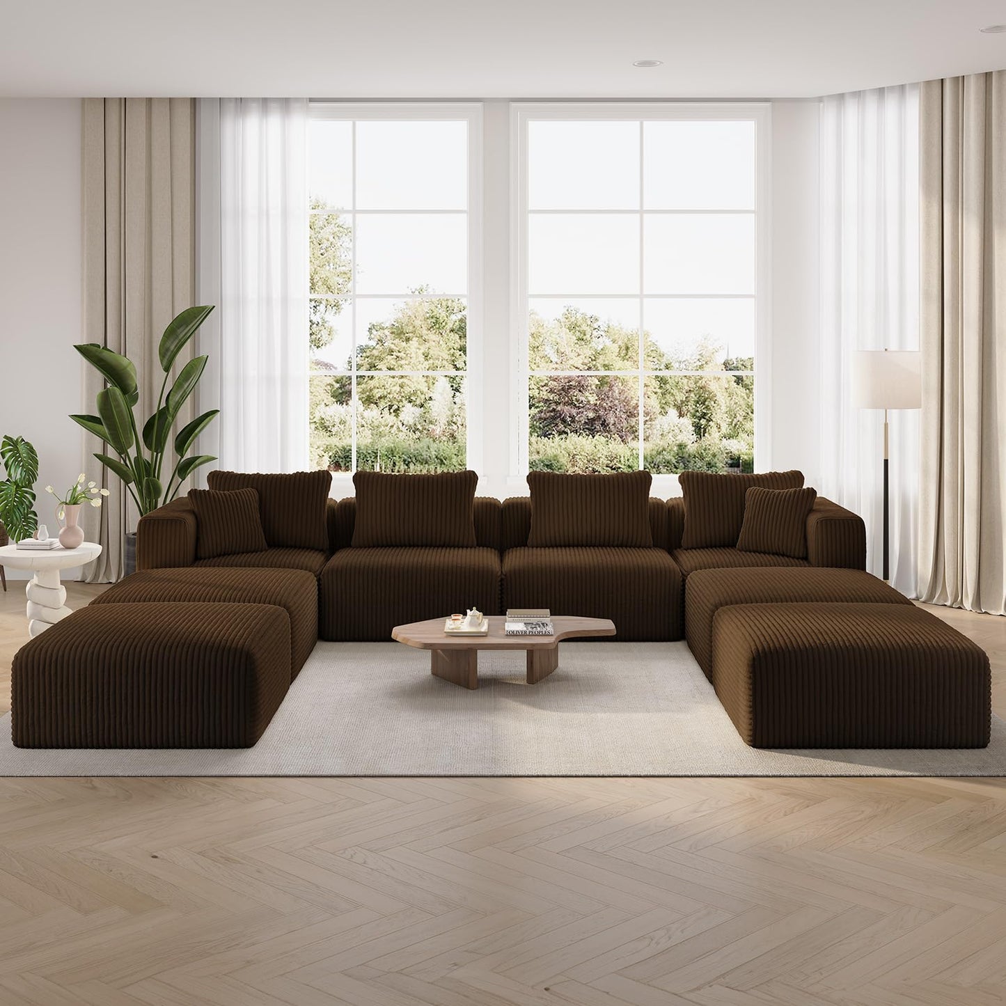 Novilla 141" Modular Sectional Sofa, Modern Cloud Sectional Couch with Smarts Coil® Support, U-Shape Boneless Couch for Living Room Apartments, No Assembly Required, Brown (4 Seat w/ 4 Ottoman)