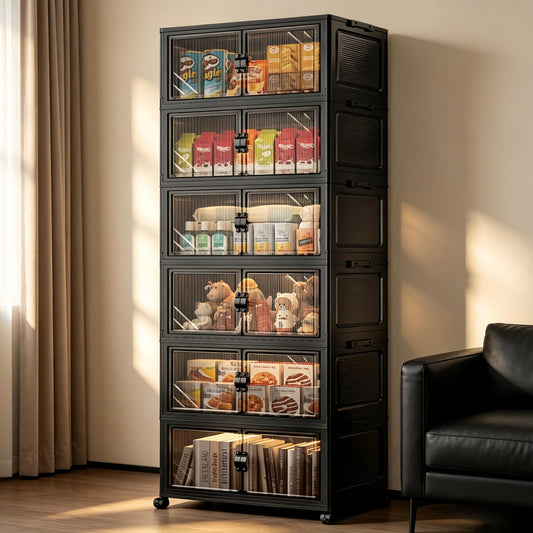 FoldTrend 6-Tier Foldable Storage Cabinet with Wheels & Lid, 291QT Extra Large Stackable Organizer, No Tool Required, Storage Cabinet for Garage, Home Office, Pantry, Kitchen, Dorm