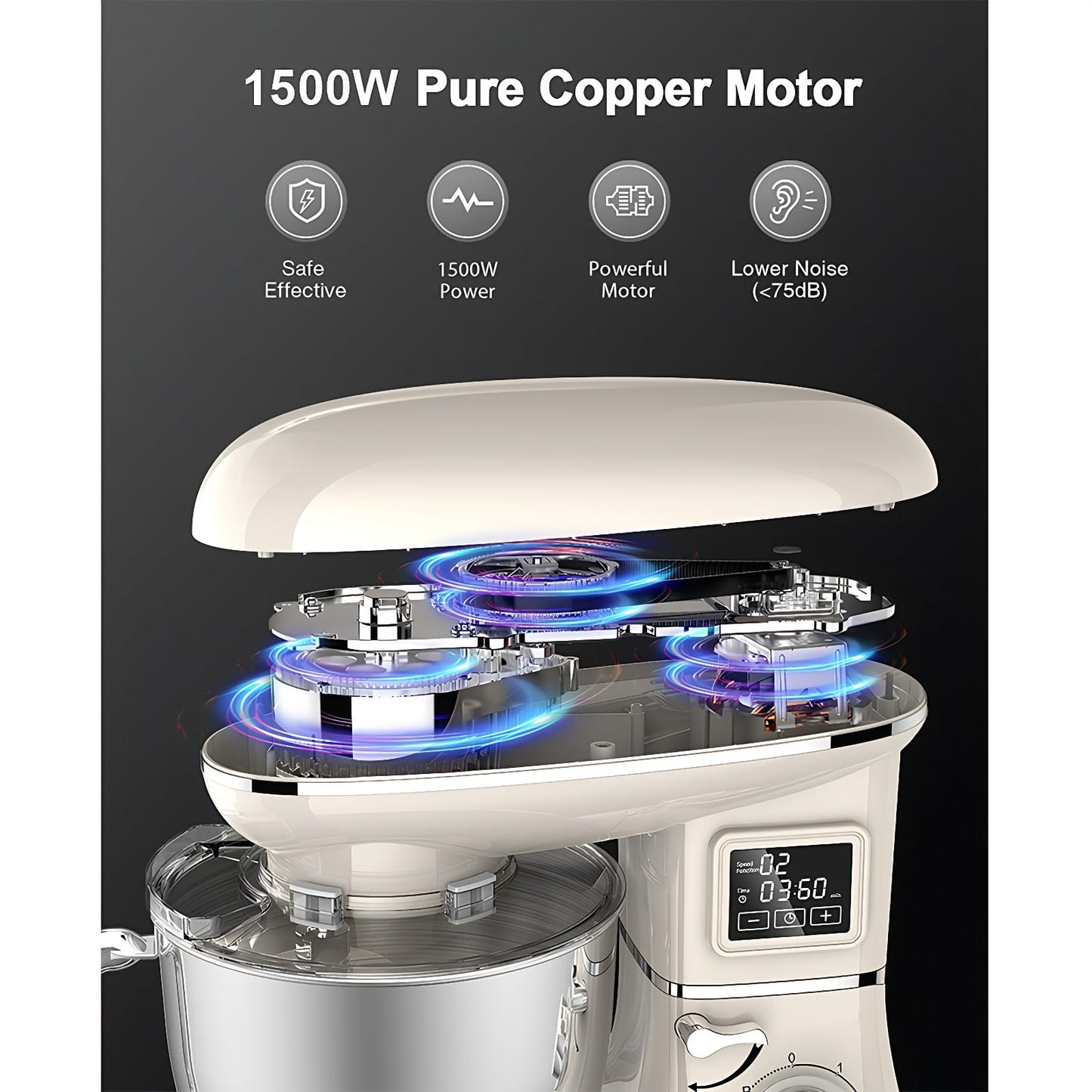 Stand Mixer with LED Display & Timer 6.5QT Stainless Steel Bowl, 1350W 6-Speeds Electric Kitchen Stand Up Mixer for Baking Cakes Cookie Bread Salad Food with Egg Whisk, Dough Hook, Beater - White