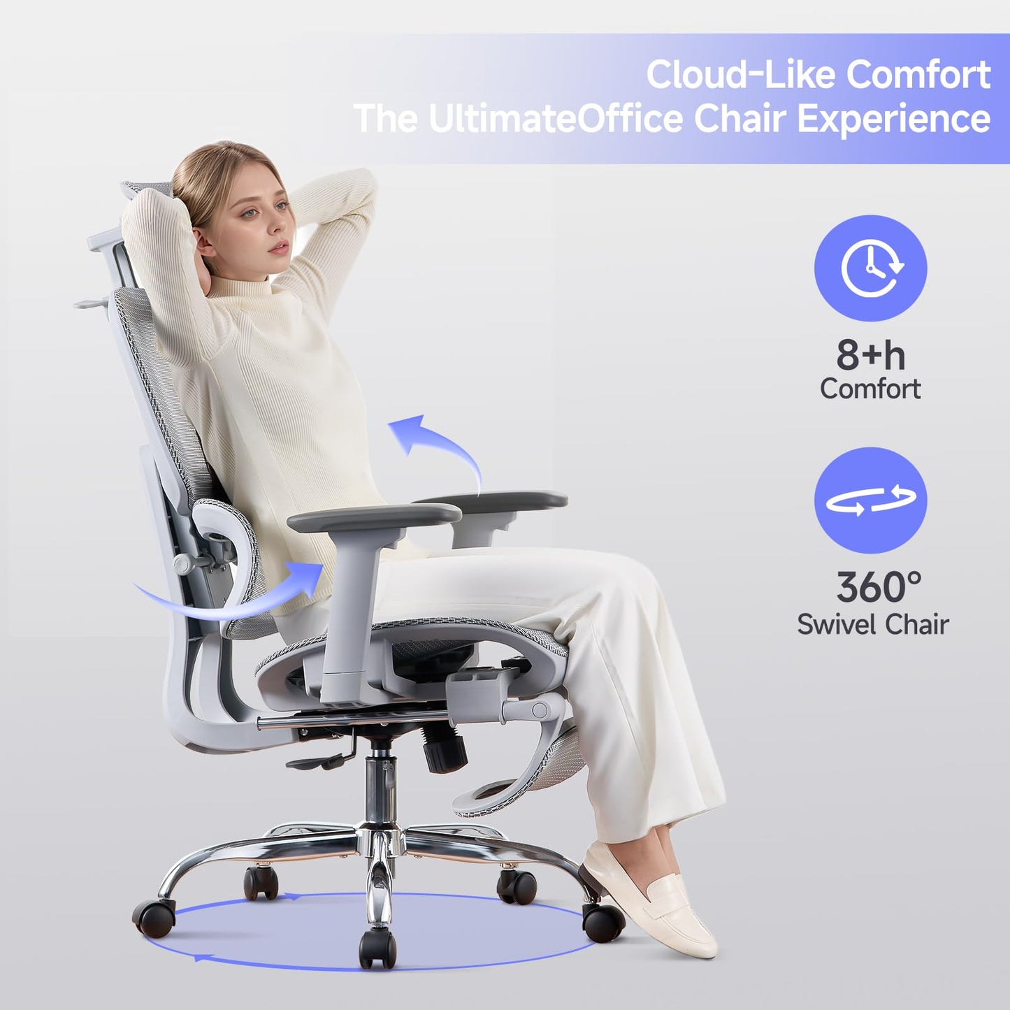 LarkLeaves Office Chair with Footrest, Ergonomic Chair with 3D Headrest, Computer Chair with Adjustable Backrest & 3D Armrest, Gaming Chair with Adaptive Lumbar Support, Mesh Backrest & Cushion, Grey