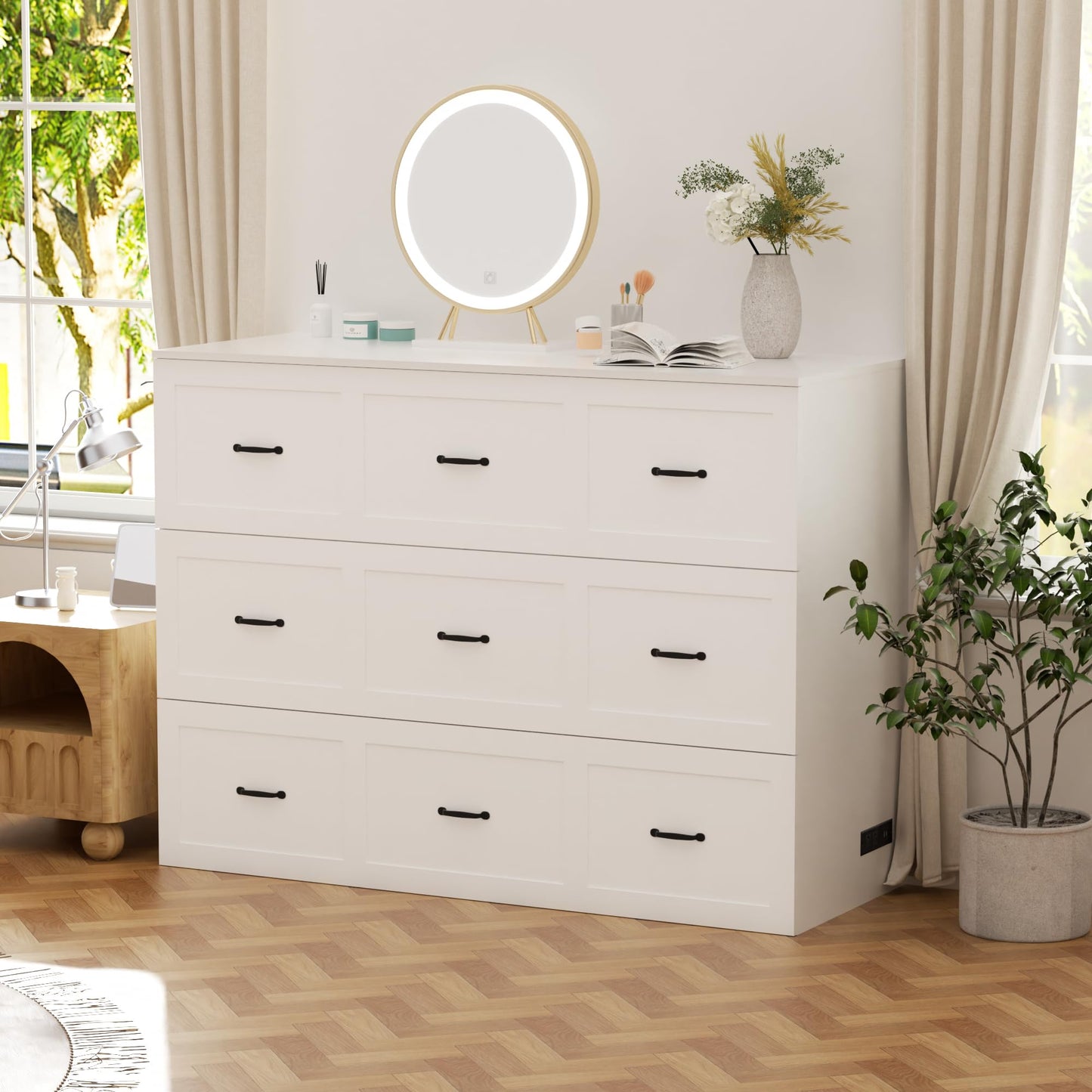 Full Size Murphy Bed Wood Wall Bed Cabinet with Large Drawer Space-Saving Hidden Foldable Platform Bed Chest Mobile Cabinet Bed Frame Storage Cabinet with USB Ports for Bedroom, Guest Room White