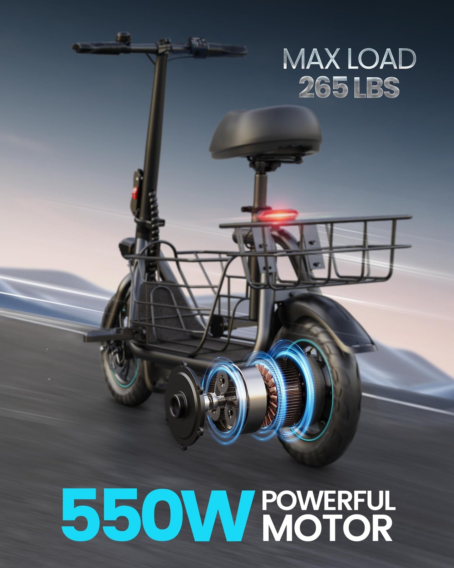 Gyroshoes C1S Electric Scooter for Adults with Seat & Large Basket, 550W Motor, 20 Mile Range, 19MPH, Foldable E-Scooter for Commuting, Pets Dog, Grocery Shopping, soot