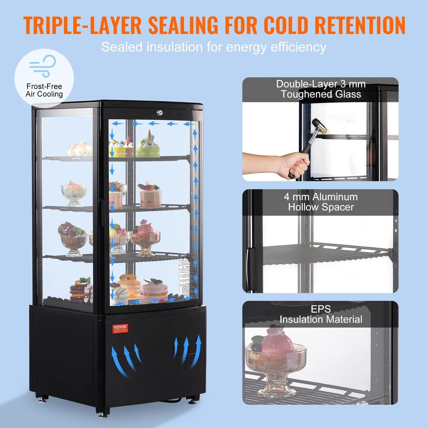 VEVOR XC-78L(1R) Cake Refrigerated 3 Cu.Ft./85L Countertop Pastry, Commercial Display Case with LED Lighting, TURBO, Frost-Free Air-Cooling, Locked Door for Bakery, 18.8 x 16.9 x 38 in, Black