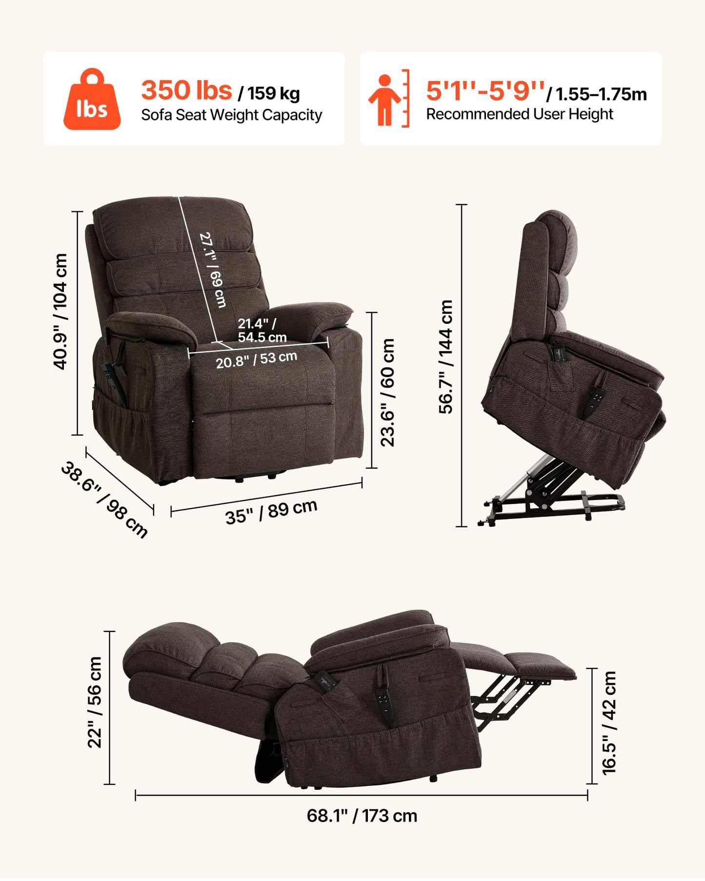 VEVOR Power Lift Recliner Chair, Dual Motor Lift Chair with Heat and Massage for Elderly, Position Adjustable, Remote Control, with Side Pockets, Chenille Fabric, Brown