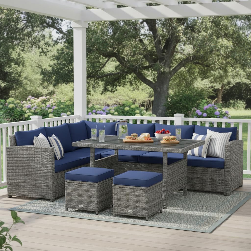Tangkula 7 Pieces Patio Furniture Set, Outdoor Sectional Rattan Dining Sofa Set with Cushions, All Weather Wicker Conversation Couch Set with Dining Table & Ottomans for Yard Garden Poolside, Navy