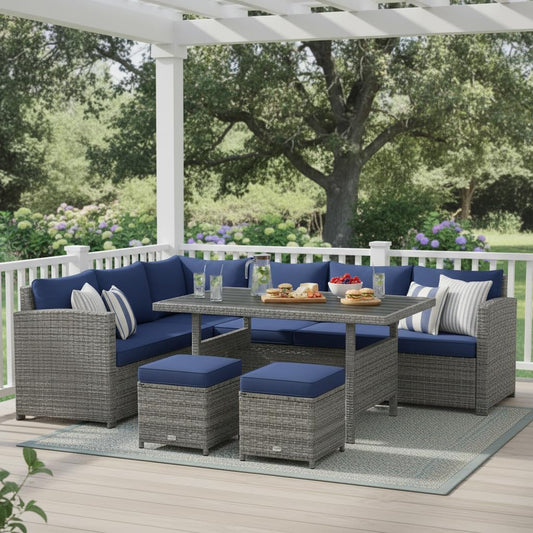 Tangkula 7 Pieces Patio Furniture Set, Outdoor Sectional Rattan Dining Sofa Set with Cushions, All Weather Wicker Conversation Couch Set with Dining Table & Ottomans for Yard Garden Poolside, Navy