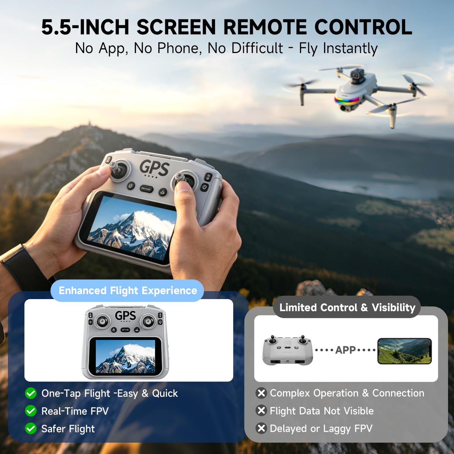 uehjxb 4K Drone with Camera for Adults & Beginners, 5.5" HD Touchscreen Remote, 30-Min Flight, Brushless Motor, Smart Obstacle Avoidance, One-Key Return, Foldable RC Drone Under 260g