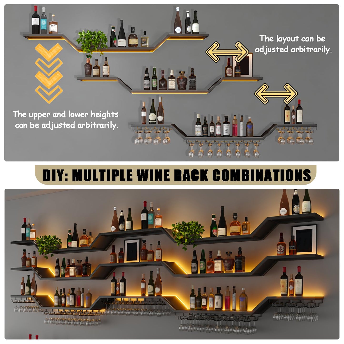 [Fully Assembled] 63" Modern LED Wine Rack Wall Mounted - No Assembly Needed 3-Tier Floating Bar Shelves with Wine Glass Rack & Hanging Liquor Shelf, for Home Bar Dining Room Cafe (Black, 63in/160cm)