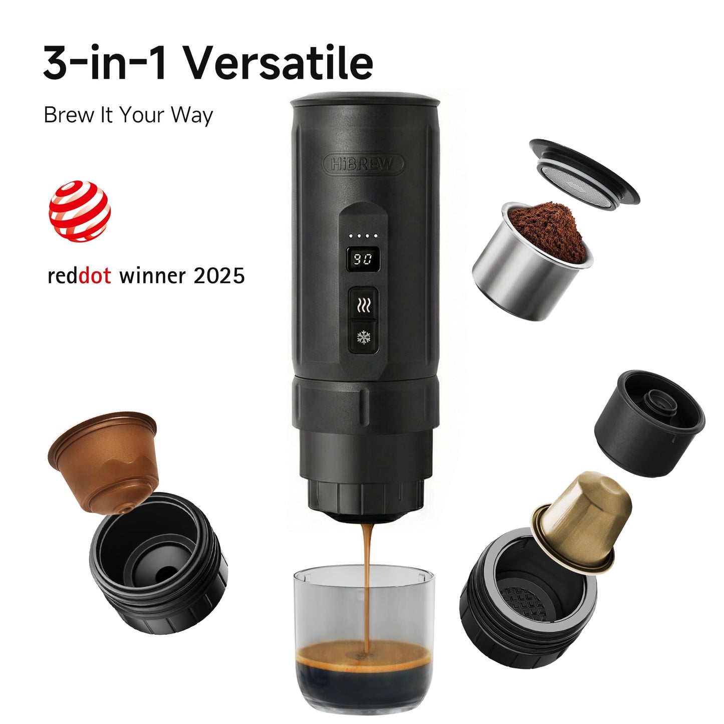 HIBREW H4C Explorer - Portable Electric Espresso Machine, USB-C Rechargeable Coffee Machine for Camping and Travel, Compact for Capsules & Ground Coffee, with Foldable Holder & Carrying Case (Black)