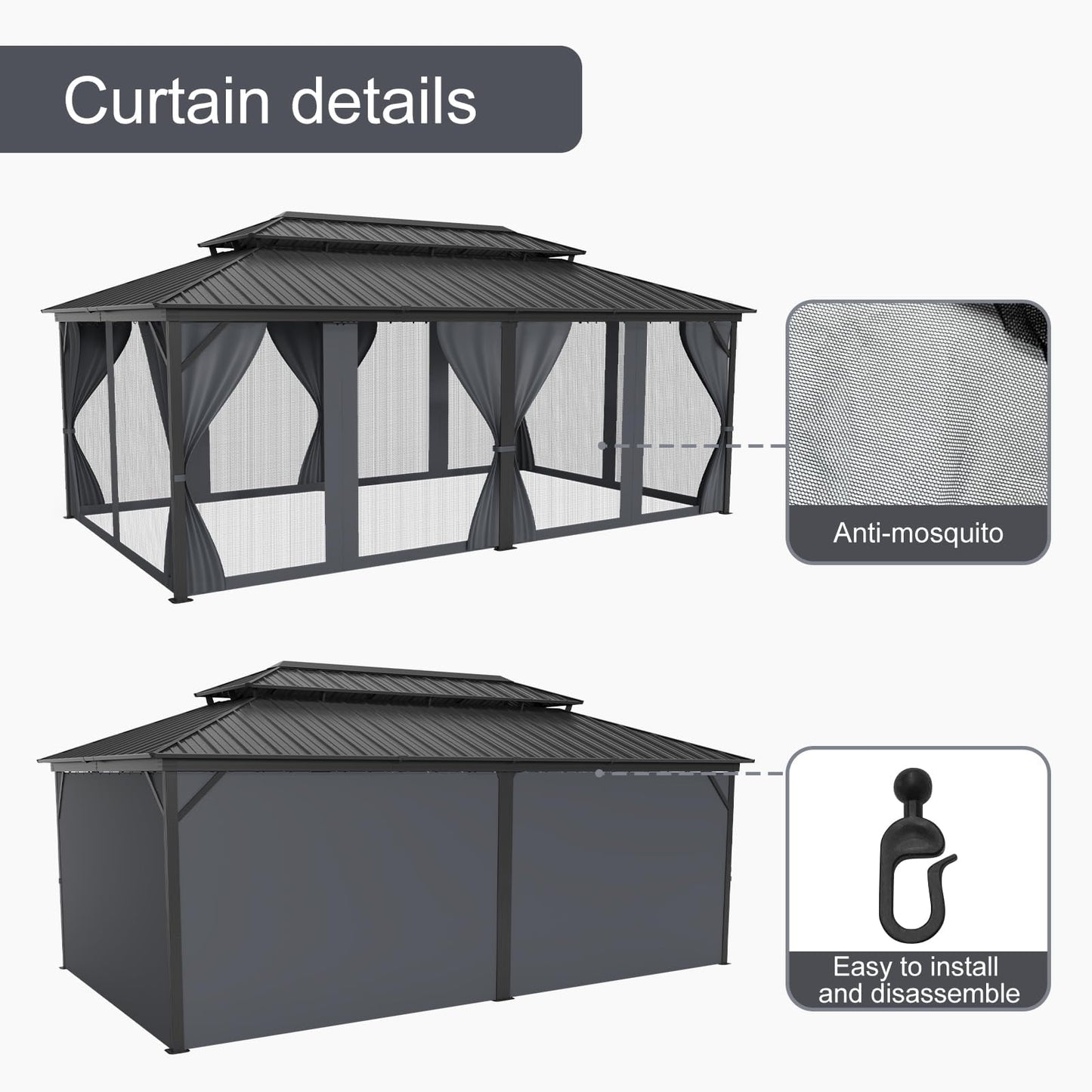 12' x 20' Heavy Duty Hardtop Gazebo, Gray Galvanized Steel Double Roof Canopy with Netting & Curtains – Ideal for Patio, Backyard, Deck & Lawn Gatherings