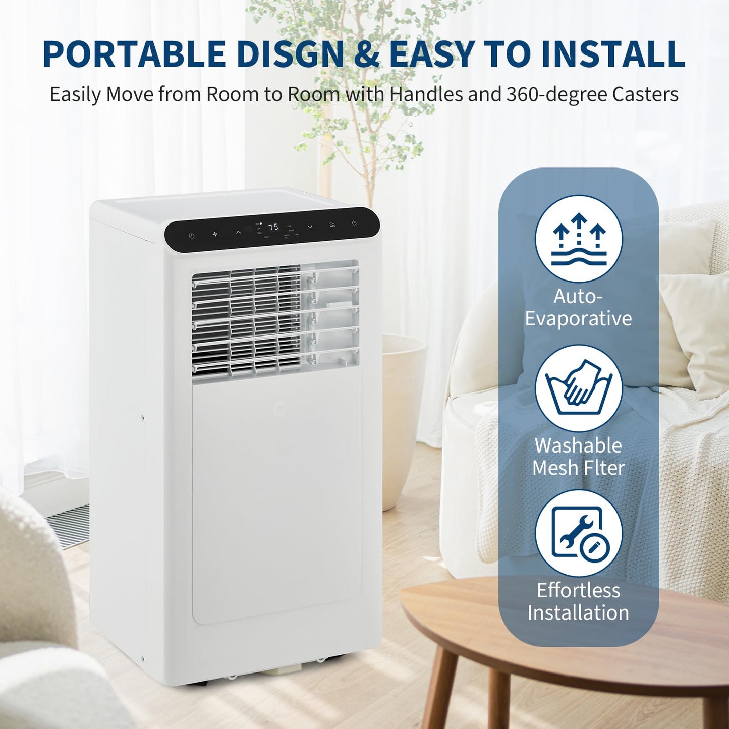 8000 BTU Portable Air Conditioner, Cools Up to 350 Sq.ft. Quiet AC Unit with Remote, 3-in-1 Dehumidifier Fan Sleep Mode 24H Timer, Easy Install Window Kit, for Home,White+White Panel