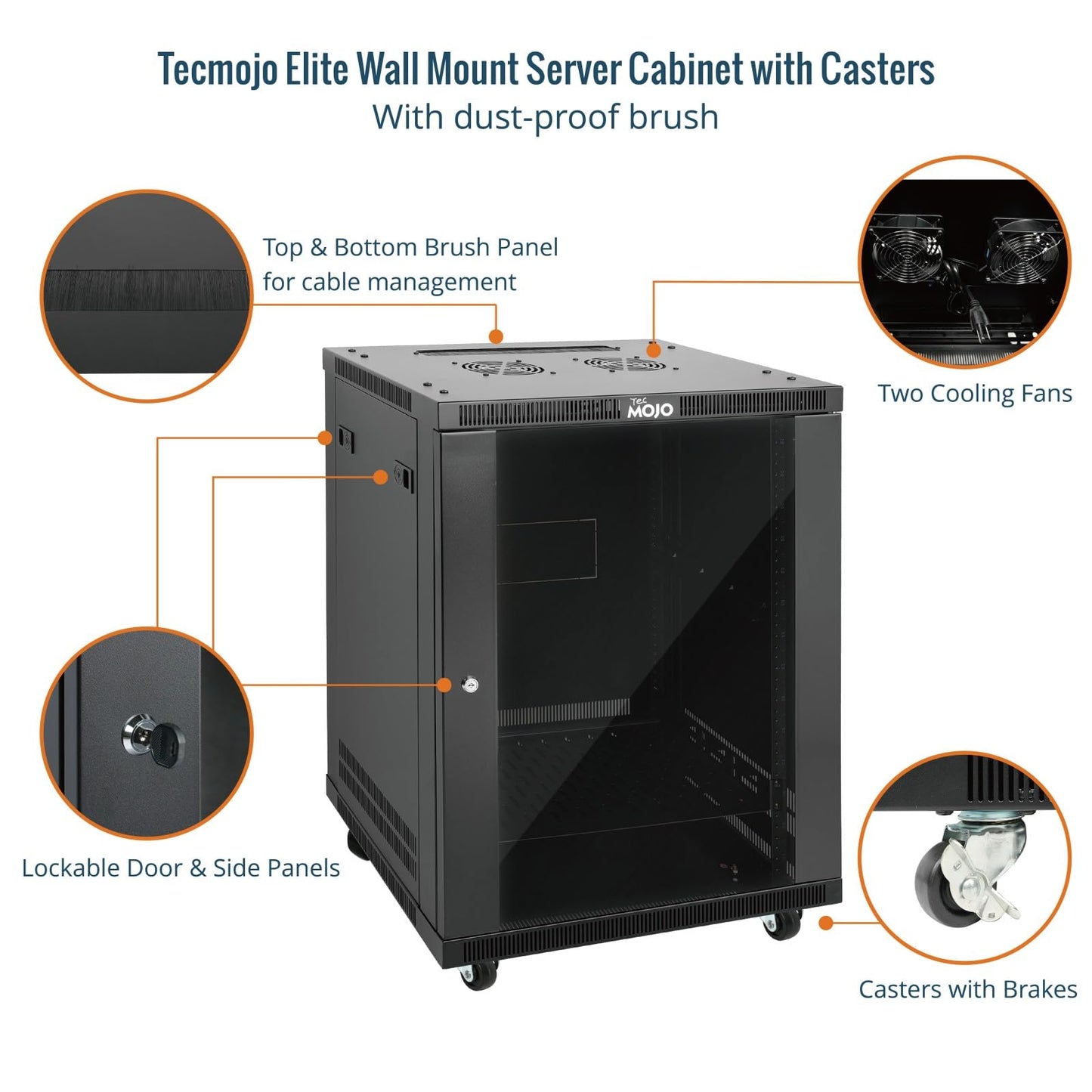 Tecmojo 15U Wall Mount Rack,15U Rack 17.7 Inch Depth,Hold Up to 176 Lbs,Enclosed Wall Mount Rack Kit for 19 Inch Network,Server and AV Gear,Glass Door(Elite Collection)